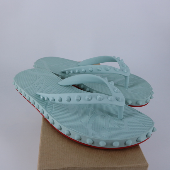 Christian Louboutin 40 Super Loubi Flip Donna Iceburg Blue Spike Flip Flops E849 - Picture 2 of 12